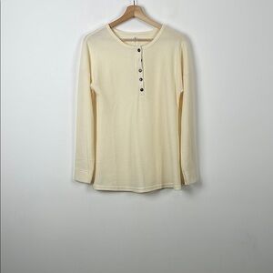 Henley 1/4 Button Pullover Thermal Waffle Knit Cream Long Sleeve Women M Shirt